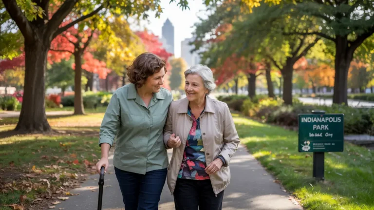 Certified senior companion assisting elderly woman in Indianapolis park