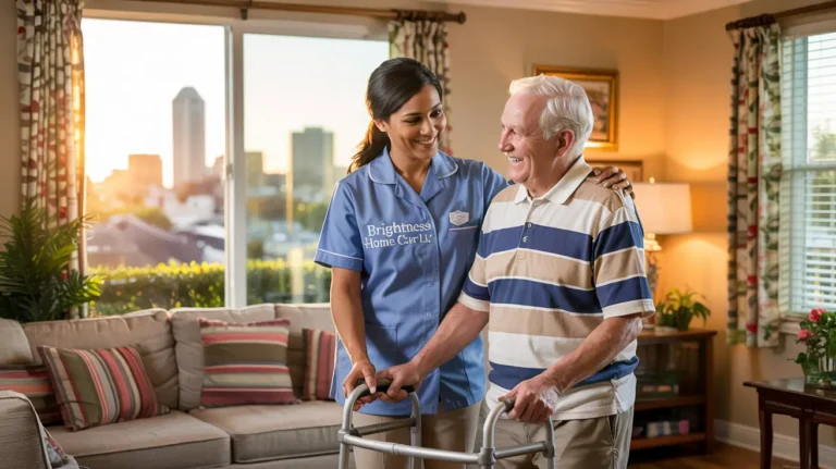 Caregiver from Brightness Home Care LLC assisting senior with mobility equipment in Indianapolis home