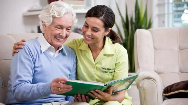 Professional respite caregiver from Brightness Home Care LLC helping elderly client in Indianapolis home