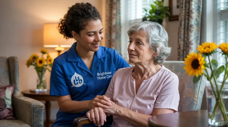 Professional caregiver helping elderly client with sundown syndrome in Indianapolis home
