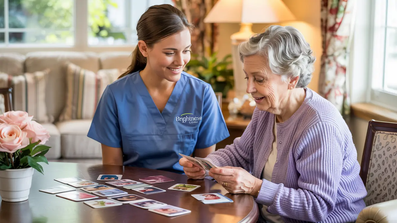 Caregiver from Brightness Home Care helping senior with memory exercises in Indianapolis home