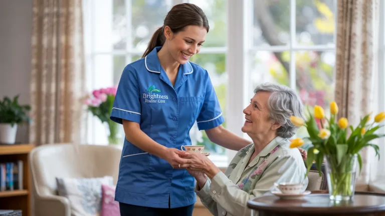 Professional caregiver from Brightness Home Care assisting senior client in Indianapolis home